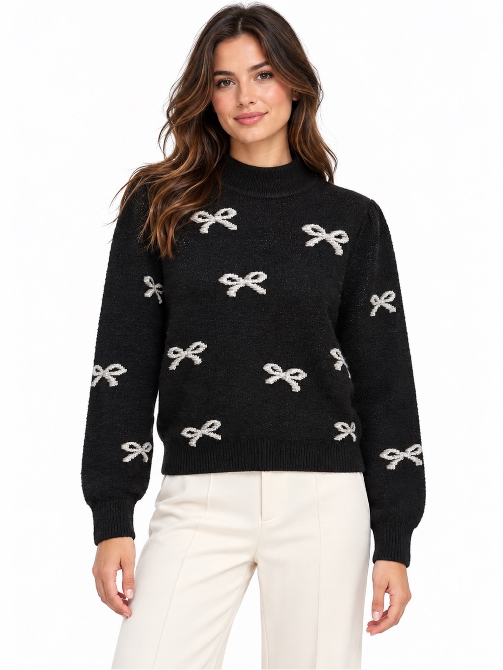 Nanette Lepore Size Small Black Crewneck Sweater with White Bow Motif